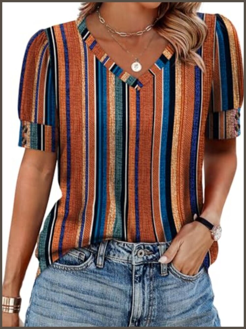 Womens V-Neck Button Accent Short Sleeve Blouse Loose Fit Casual Top